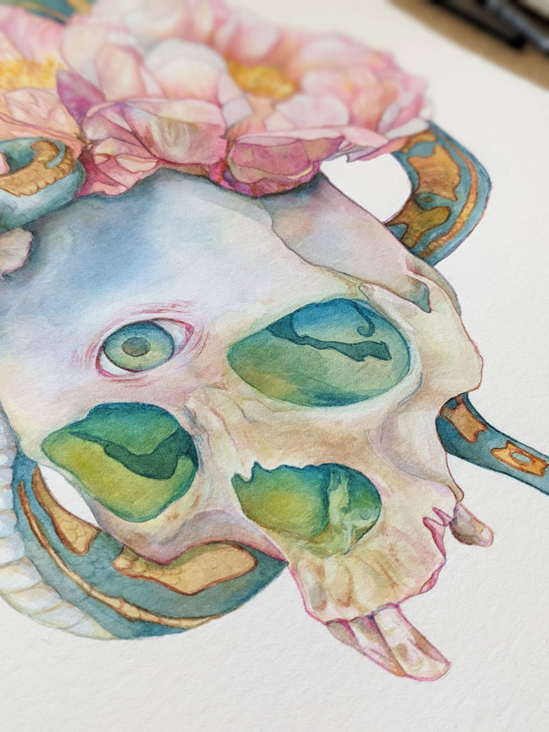 a watercolor painting of a skull with a crown of peonies and a snake entwined in the flowers. The eyes of the skull glow green.