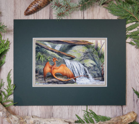 orange dragon and waterfall with logs