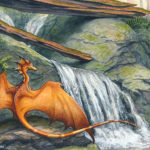 orange dragon and waterfall with logs
