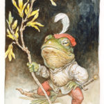 Omar Rayyan watercolor, Frog with Forsythia