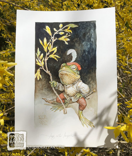 Omar Rayyan watercolor, Frog with Forsythia