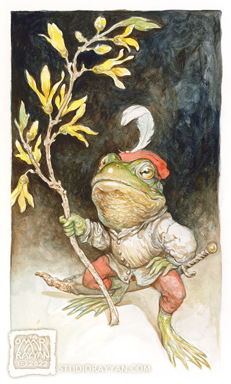 Omar Rayyan watercolor, Frog with Forsythia