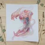 A watercolor coyote skull painted in vibrant, lollipop pinks, purples, and oranges, that melts into watercolor washes and reforms in the lower jaw. The skull is connected to itself by thin, flowing pink threads that weave in and out of the watercolor ether.