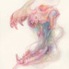 A watercolor coyote skull painted in vibrant, lollipop pinks, purples, and oranges, that melts into watercolor washes and reforms in the lower jaw. The skull is connected to itself by thin, flowing pink threads that weave in and out of the watercolor ether.