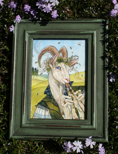 A framed watercolor painting of a Goat playing music, resting in a bed of phlox.