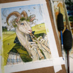 A work-in-progress photo of the goat painting