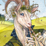 Scanned watercolor painting featuring a goat playing music.