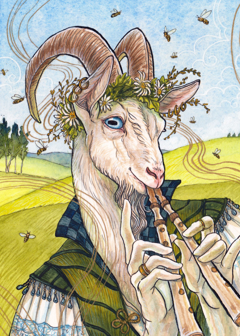 Scanned watercolor painting featuring a goat playing music.