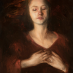 Girl with deep red hair laying in a deep, dark mist