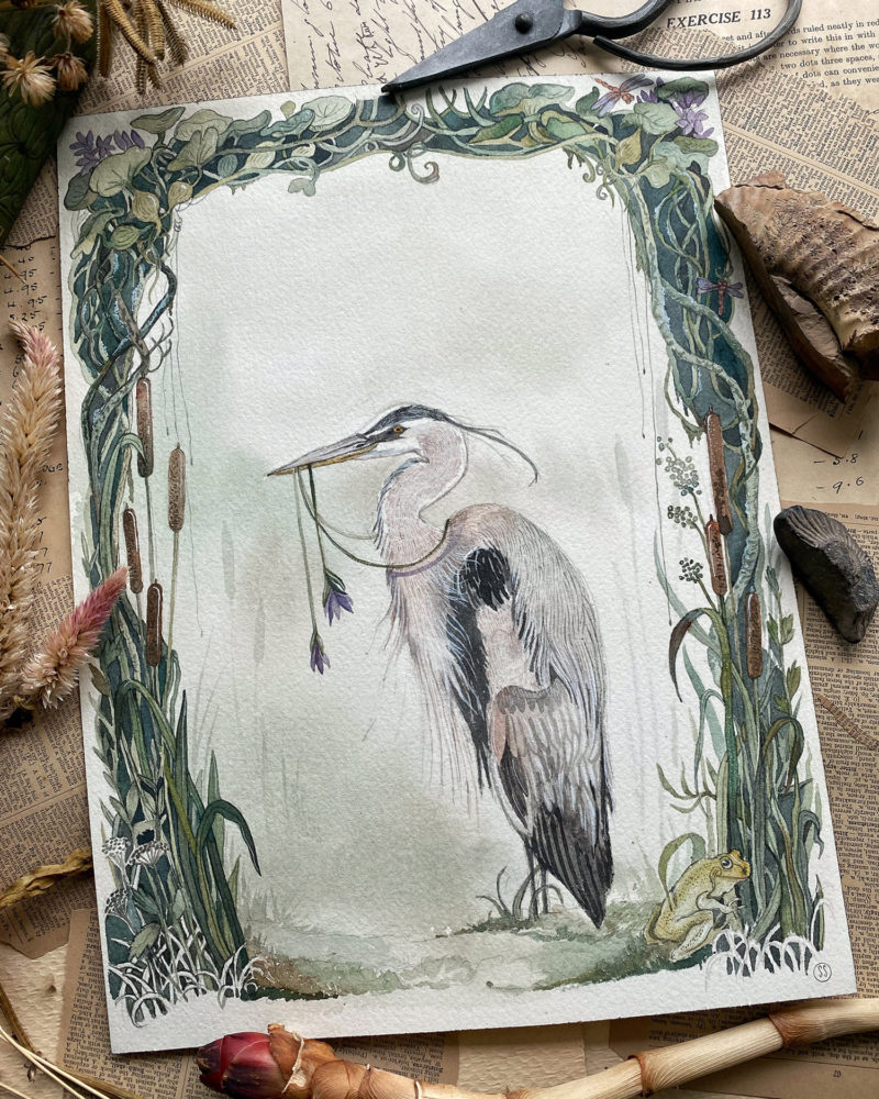 Watercolor heron bird by Sucharita Suri