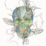 This is an image of a blue watercolor skull painting that has glowing green eyes. The skull is a darker blue around the edges and gradually gets lighter and warmer around the eye sockets and nasal cavity, with a rusty orange mixing in the cooler colors. The is an overlay of three ink hummingbirds drawn in a scribbly fashion directly over the skull. The hummingbirds are connected with tangled ink linework that guides the eye around the piece.