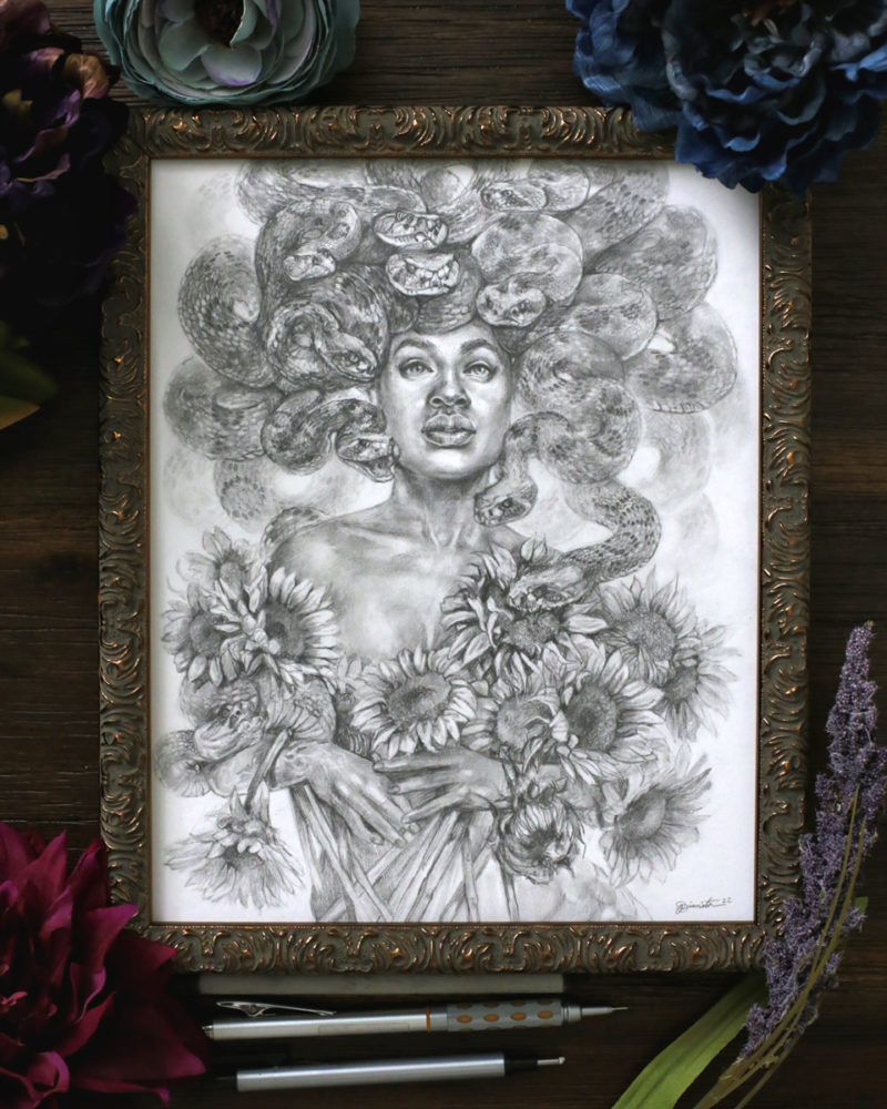 Photo of a drawing of Medusa hugging sunflowers.