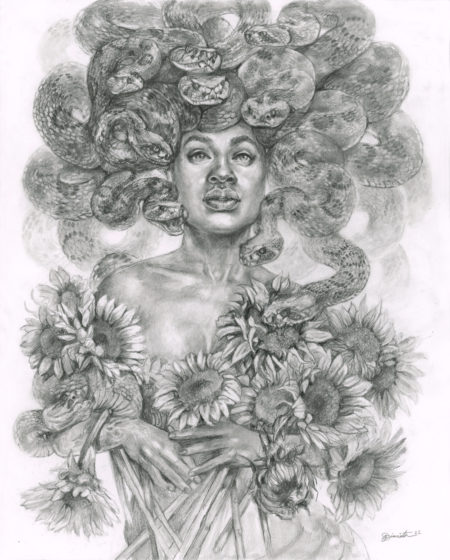 A dream of Summers to come. Drawing of Medusa hugging sunflowers