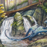 Watercolor painting of blue dragon crossing a small waterfall in the forest