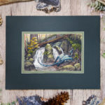 Watercolor painting of blue dragon crossing a small waterfall in the forest