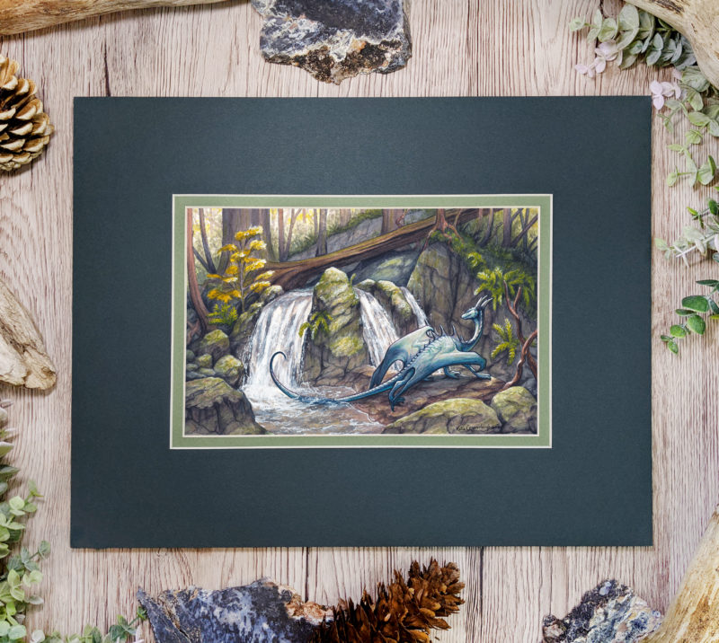 Watercolor painting of blue dragon crossing a small waterfall in the forest