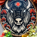 A painting on a wood slice featuring an American Bison with a red sun symbol on its forehead. It is also surrounded by Indian Paintbrush aka Prairie-Fire plants on either side.