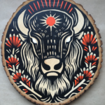 A painting on a wood slice featuring an American Bison with a red sun symbol on its forehead. It is also surrounded by Indian Paintbrush aka Prairie-Fire plants on either side.