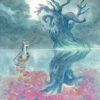 Panting of a blue green tree.. The tree is also reflected in the lake buth with a pink foliage. There is a woman in white dress sailing in a boat on the left. The sky is blue and cloudy.