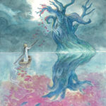 Panting of a blue green tree.. The tree is also reflected in the lake buth with a pink foliage. There is a woman in white dress sailing in a boat on the left. The sky is blue and cloudy.