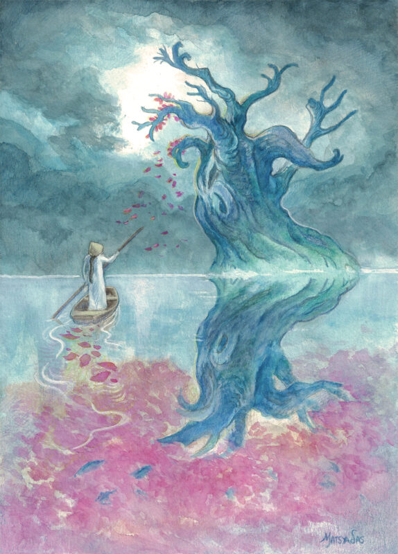 Panting of a blue green tree.. The tree is also reflected in the lake buth with a pink foliage. There is a woman in white dress sailing in a boat on the left. The sky is blue and cloudy.