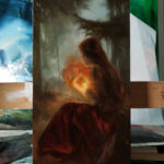 Oil painting of a girl in forest, holding a burning cloud in her arms.