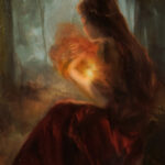 Oil painting of a girl in forest, holding a burning cloud in her arms.