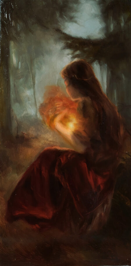 Oil painting of a girl in forest, holding a burning cloud in her arms.