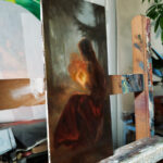 Oil painting of a girl in forest, holding a burning cloud in her arms.