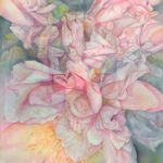 Pictured is a watercolor painting of a close up of peony flowers. The flowers are messy and complicated but still beautiful and painted in cool pink tones for the brighter areas and fading into deep blue-greys for the darker areas. In the center of the painting there is an image of a skull overlayed on the flowers as if a ghostly pink skull was a part of this lush beauty.