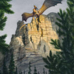 Golden Hour dragon standing on a cliff with wings out above a forest painted in watercolor