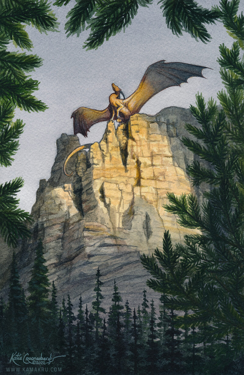 Golden Hour dragon standing on a cliff with wings out above a forest painted in watercolor