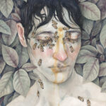 Watercolor portrait in muted tones of a boy with black hair. His eyes are cast downward; bees climb on his collarbones, neck, eyes, and forehead. Honey drips from his forehead down his face. Leaves fill the background.
