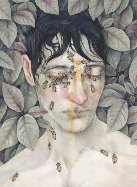 Watercolor portrait in muted tones of a boy with black hair. His eyes are cast downward; bees climb on his collarbones, neck, eyes, and forehead. Honey drips from his forehead down his face. Leaves fill the background.
