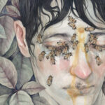 Detail of a watercolor portrait in muted tones of a boy with black hair. His eyes are cast downward; bees climb on his collarbones, neck, eyes, and forehead. Honey drips from his forehead down his face. Leaves fill the background.