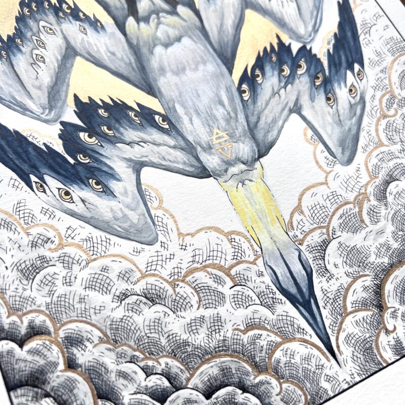 A detail shot of a watercolour and ink artwork depicting stormy clouds, a gannet's head, and many wings covered in eyes, gilded in gold.