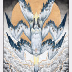 A watercolour and ink artwork of a gannet with six wings diving into layers of crosshatched clouds, lined in gold. A gold halo on a ombre black backdrop rests behind it.