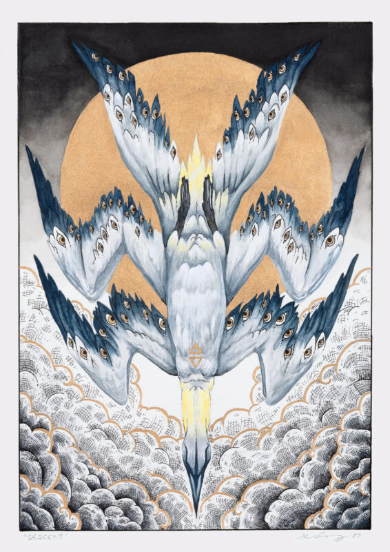 A watercolour and ink artwork of a gannet with six wings diving into layers of crosshatched clouds, lined in gold. A gold halo on a ombre black backdrop rests behind it.