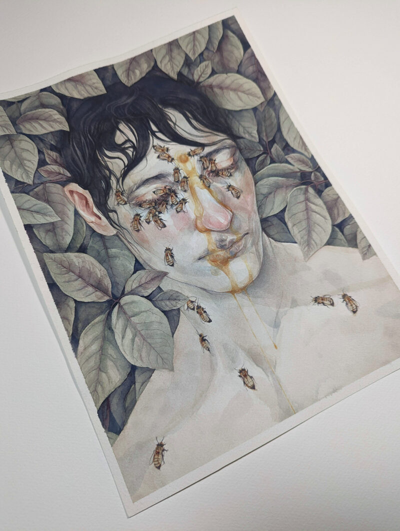 Photo of "Hive," a watercolor painting on paper on a white backdrop