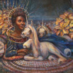 Oil painting of a princess with unicorns