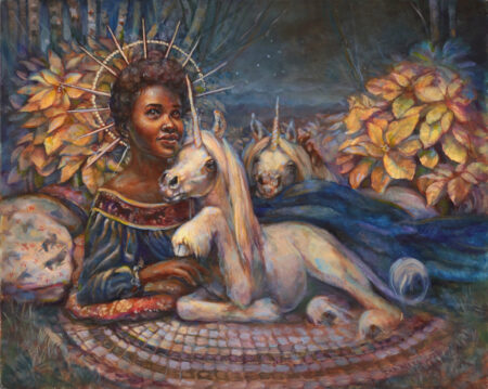 Oil painting of a princess with unicorns