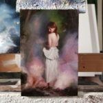 An oil painting of a girl surrounded by clouds, her back facing us as her dress is held around her waist. She is looking down, seeing that her legs have turned into chicken’s feet. She is a cursed figure.