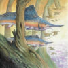 Painting of two blue sword fish swimming in a forest with birds at dawn