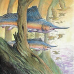 Painting of two blue sword fish swimming in a forest with birds at dawn