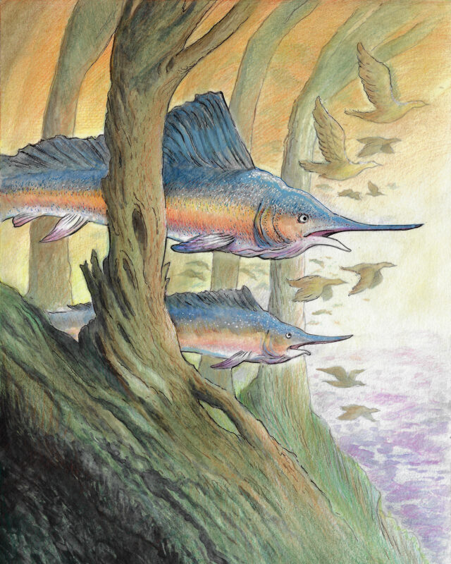 Painting of two blue sword fish swimming in a forest with birds at dawn