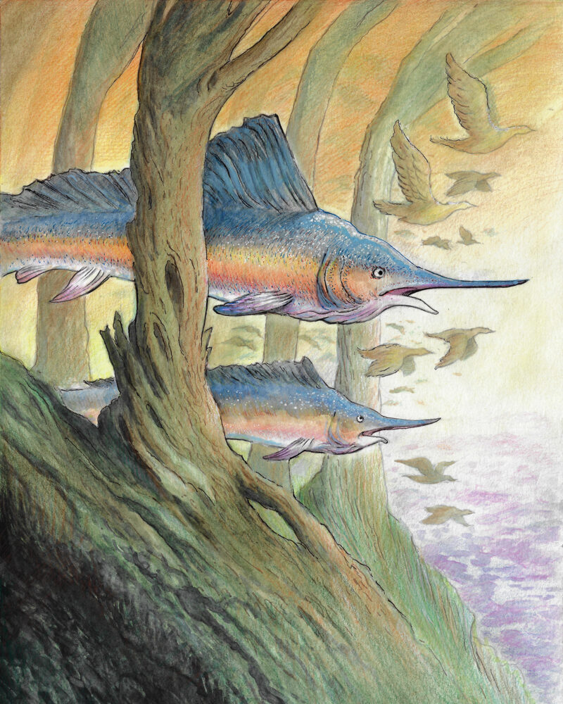 Painting of two blue sword fish swimming in a forest with birds at dawn
