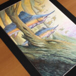 Painting of two blue sword fish swimming in a forest with birds at dawn