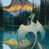 A pale greenish blue dragon perches on a tree in a lake, facing the mountain range as the sun sets across it