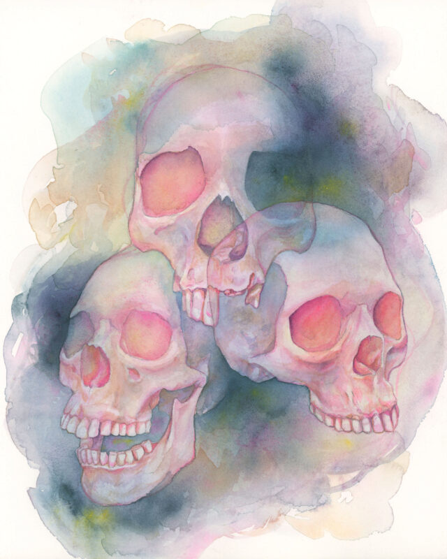Pictured is a watercolor painting of three overlapping skulls floating amidst rich watercolor washes.
