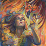 An acrylic painting featuring a female representing figure holding a phoenix bird. She looks up, to the right
